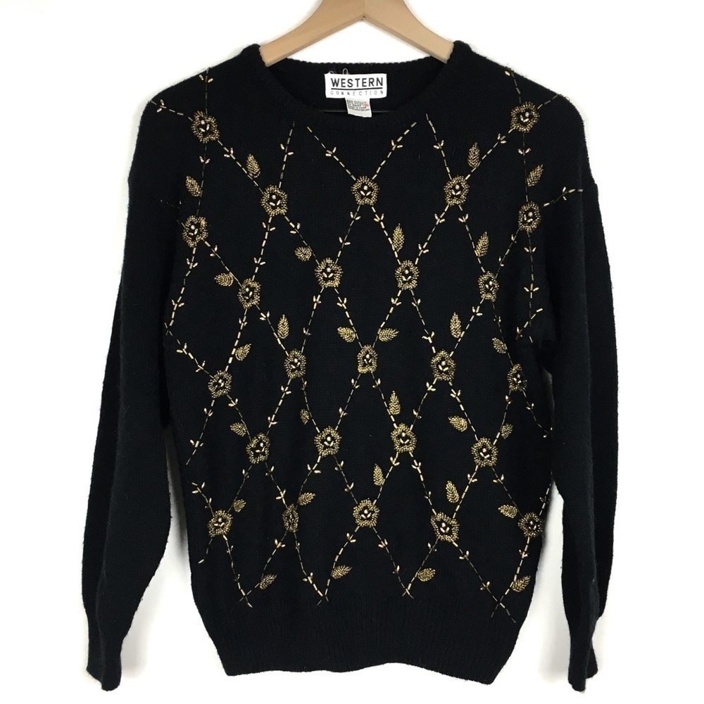 VINTAGE Sweater Beaded Floral Flowers Roses Western Connection Retro 80s Small